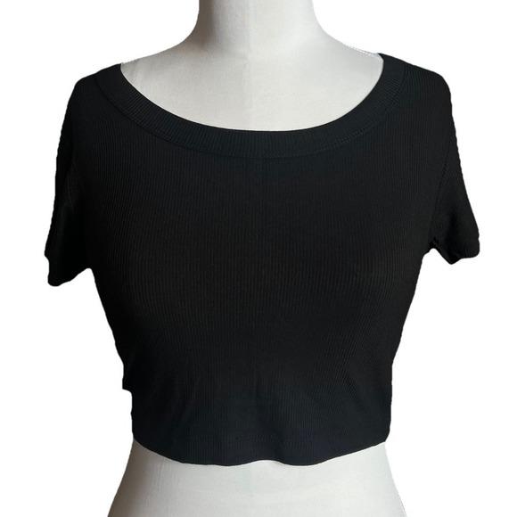 Zenana Tops - Zenana Womens Ribbed Scoop Neck Crop Top Black Short Sleeve RRT-8492A5 Large